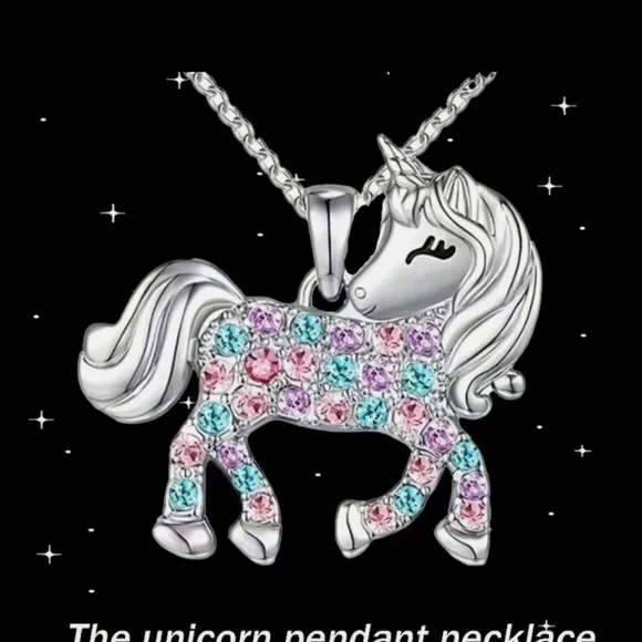 Silver Rhinestone Unicorn Pendant Necklace - Picture 3 of 3